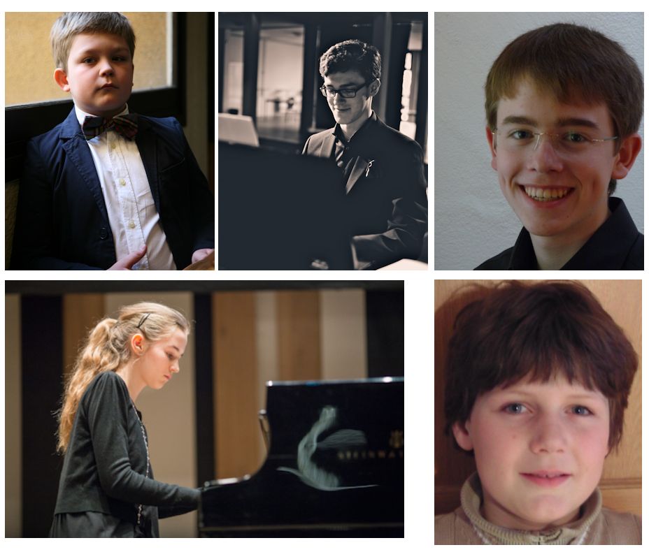 Preisträger des 14. Klavierpodiums Petr Akulov (8 Jahre), Philip Huber (11 Jahre), Lili Blanka Farkas (13 Jahre),Johannes Daniel Schneider(16Jahre) Aris Alexander Blettenberg (20 Jahre) Jugend Internationaler Klavierwettbewerb